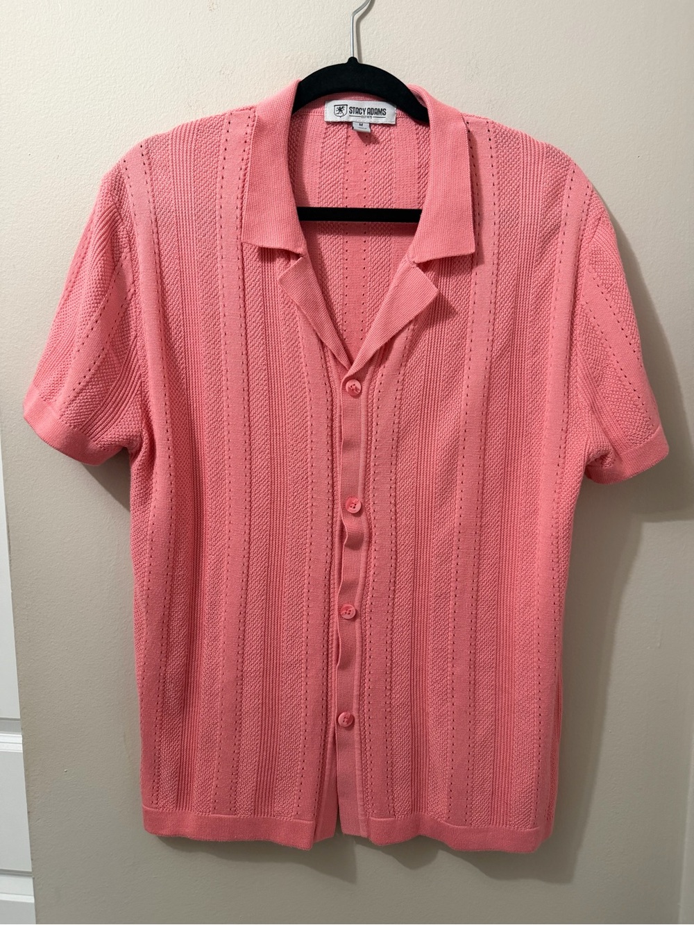 Stacy Adams Retro Knit Button Up Polo Shirt Sweater Short Sleeve Men Sz M Pink